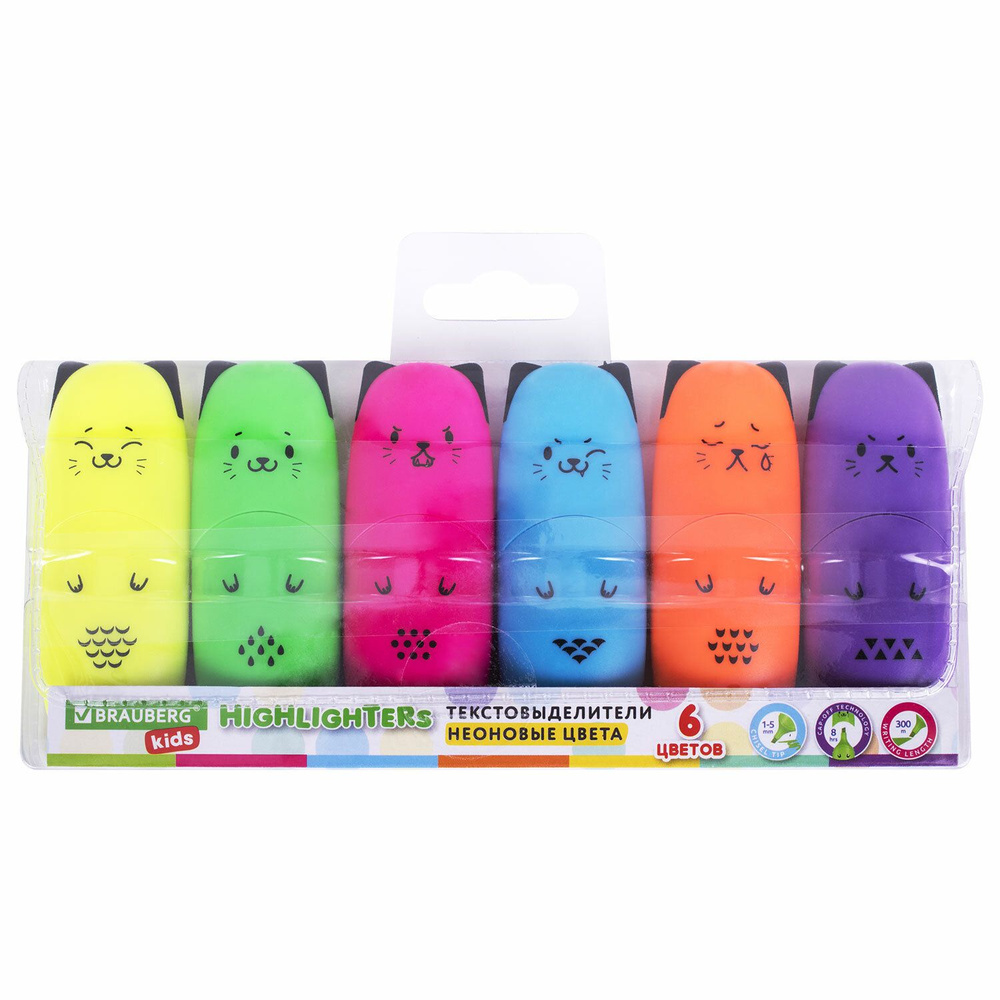 Набор текстовыделителей мини 6 ЦВЕТОВ KIDS "CUTE CATS NEON", линия 1-5 мм, 152435  #1