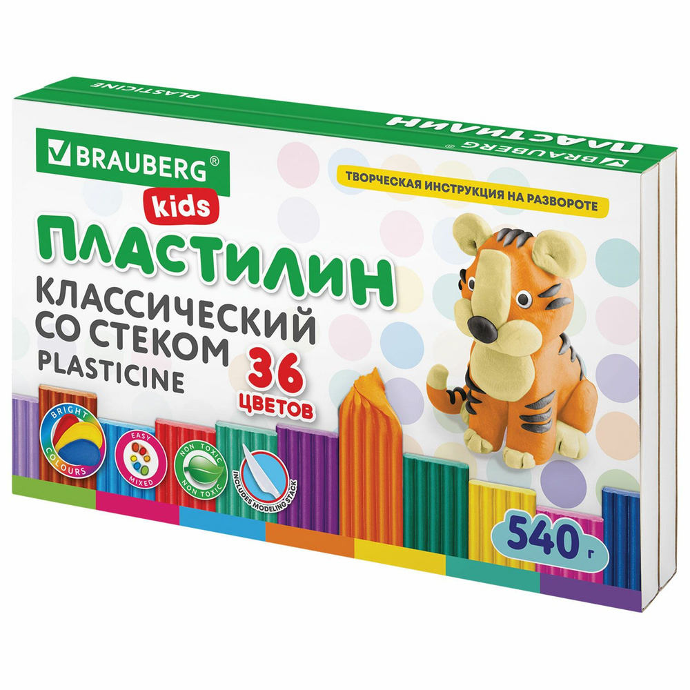 Пластилин Brauberg классический, Kids, 36 цветов, 540 г, стек, Высшее качество  #1