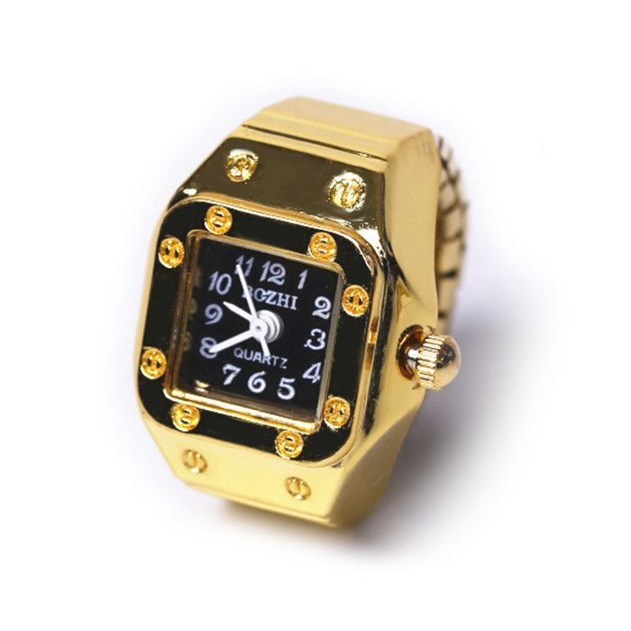 Квадратные часы на палец (часы-кольцо), золотистые с чёрным циферблатом  #1