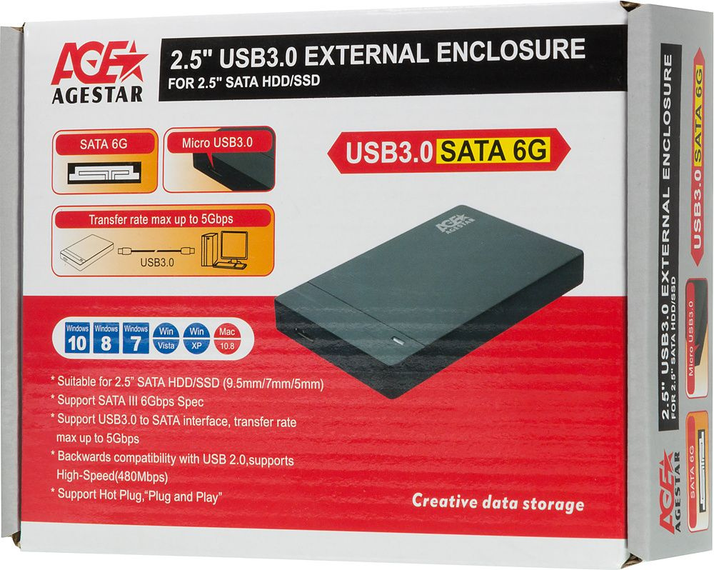 Внешний корпус для HDD/SSD AgeStar 3UB2P3 SATA III USB3.0 пластик черный 2.5"  #1