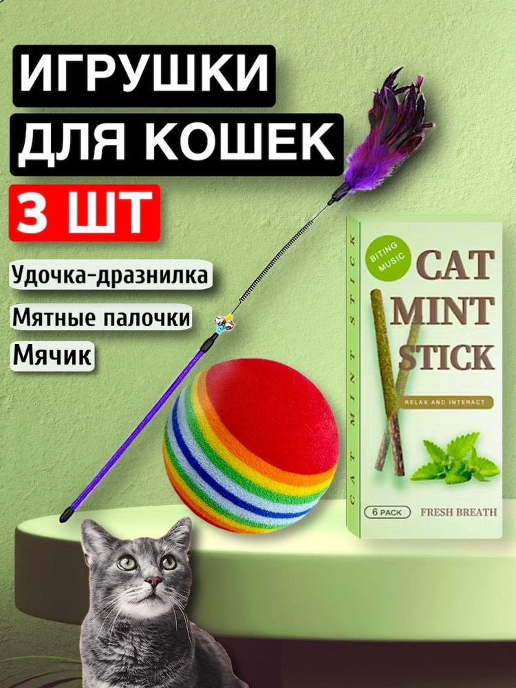 Игрушки для кошек, перьевая удочка указка дразнилка, разноцветный мячик, мятные палочки мататаби, набор #1