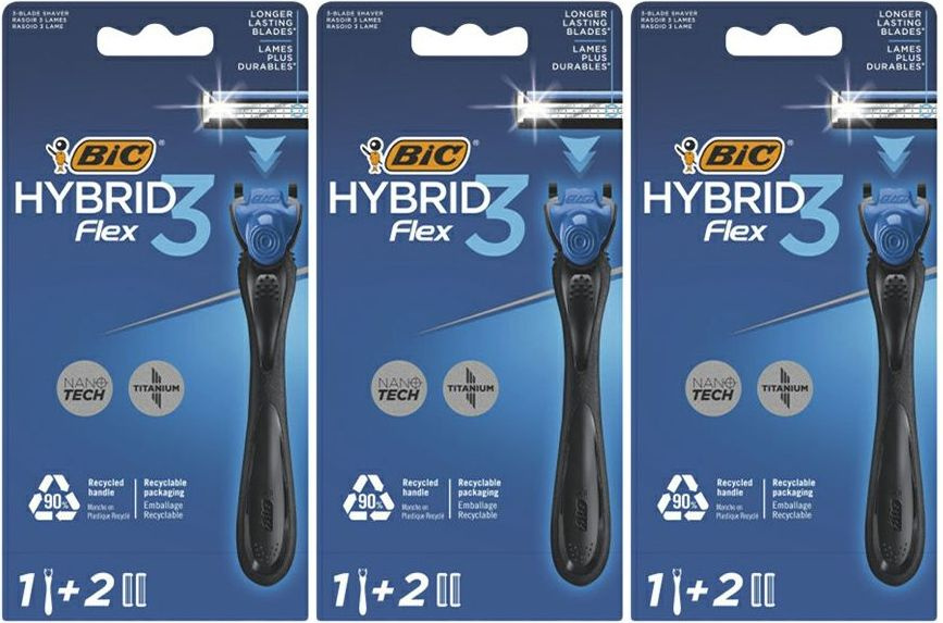 Бритвенный станок мужской Bic Flex 3 Hybrid с двумя сменными кассетами, комплект: 3 упаковки  #1