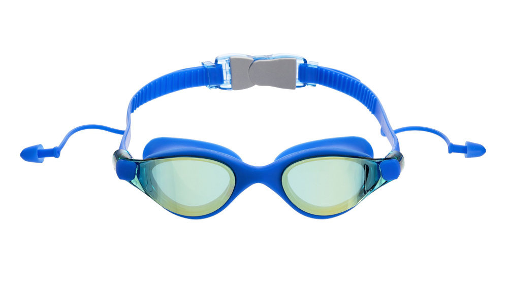 Очки для плавания взрослые с берушами, зеркальные линзы, синие / Очки для бассейна  #1