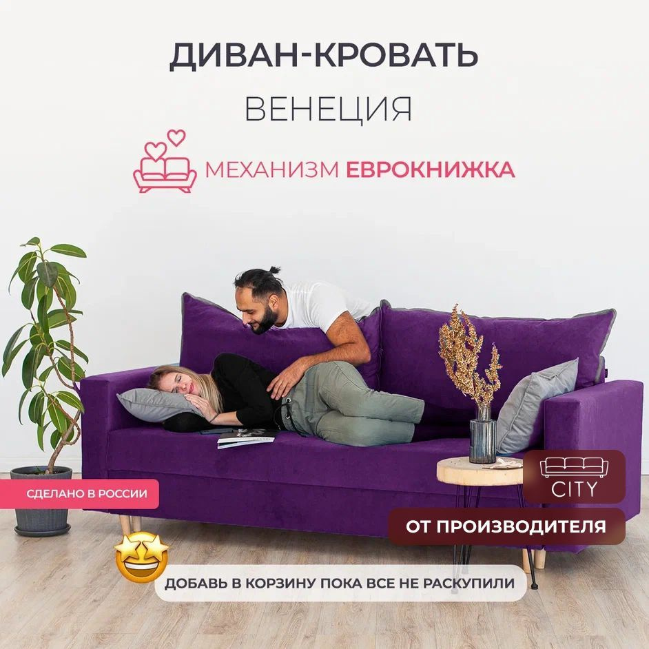 Диван-кровать прямой, механизм еврокнижка , 220 х 96 х 85 см, фиолетовый  #1