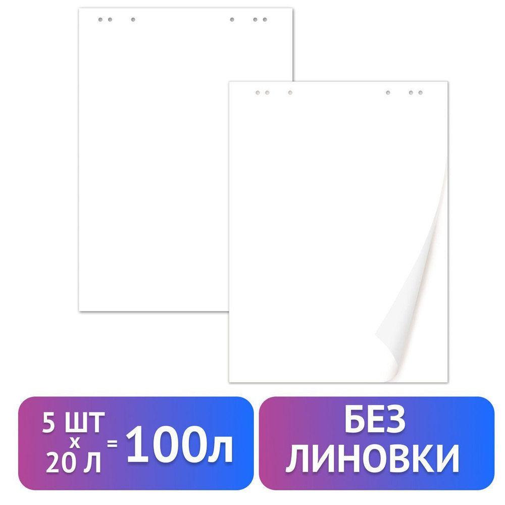 Бумага / блокнот для флипчарта Brauberg, комплект 5 штук, 20 листов, чистые, 67,5х98 см, 80 г/м2  #1