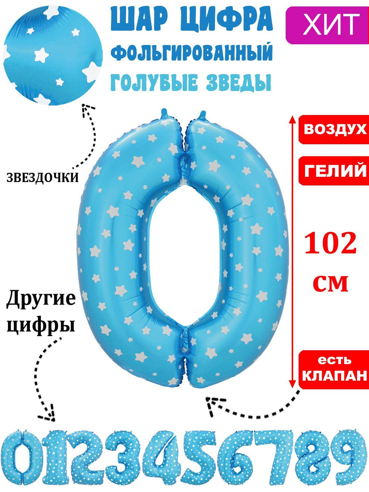 Воздушный шар цифра 0 голубой со звездами 102 см #1