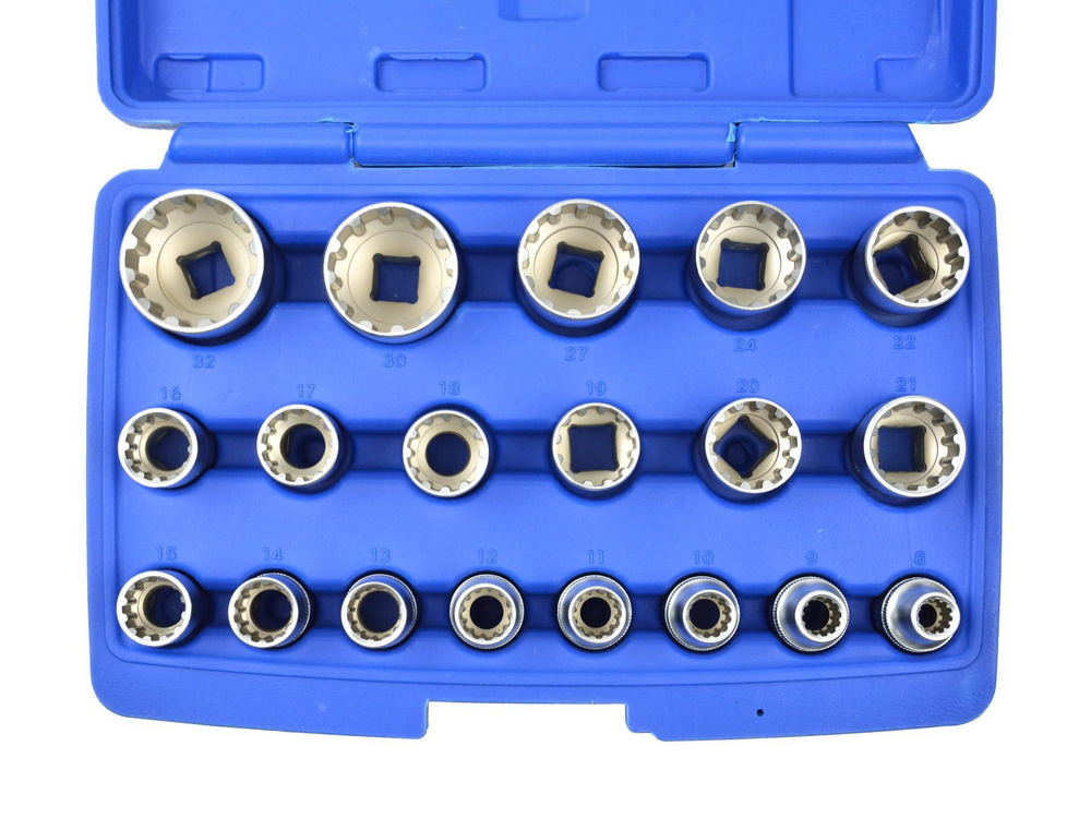 Нвбор из 19 специальных 12-гранных головок Gear Lock позволяет откручивать 6,12-ти гранные, Torx-E и #1