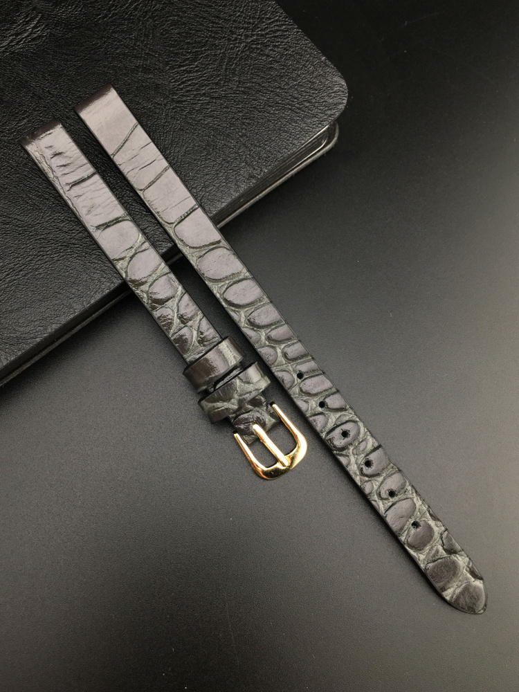 Ремешок для часов кожаный 6 мм, под рептилию, цвет черный, лакированный, 1 шт  #1