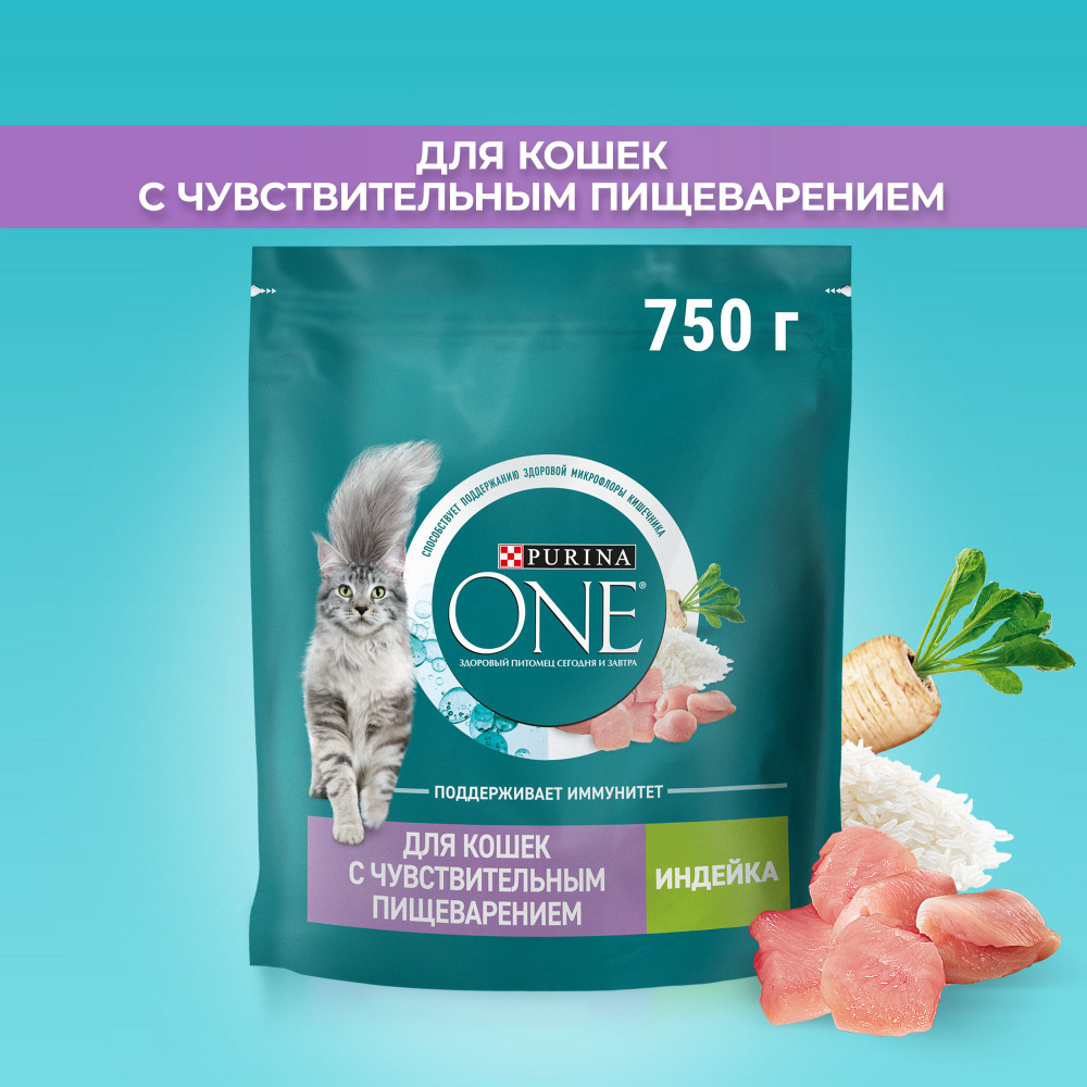 Сухой корм для кошек Purina ONE при чувствительном пищеварении, с индейкой и рисом, 750 г  #1