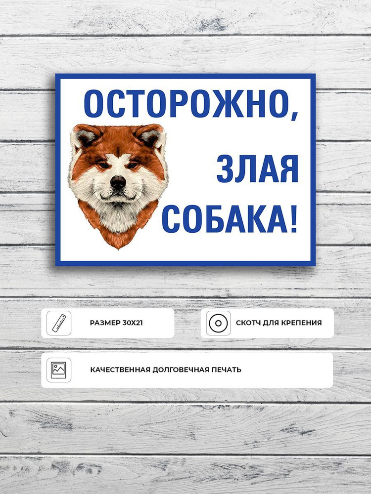Табличка "Осторожно злая собака Акита-ину" (бело-синяя) А5 (20х15см)  #1