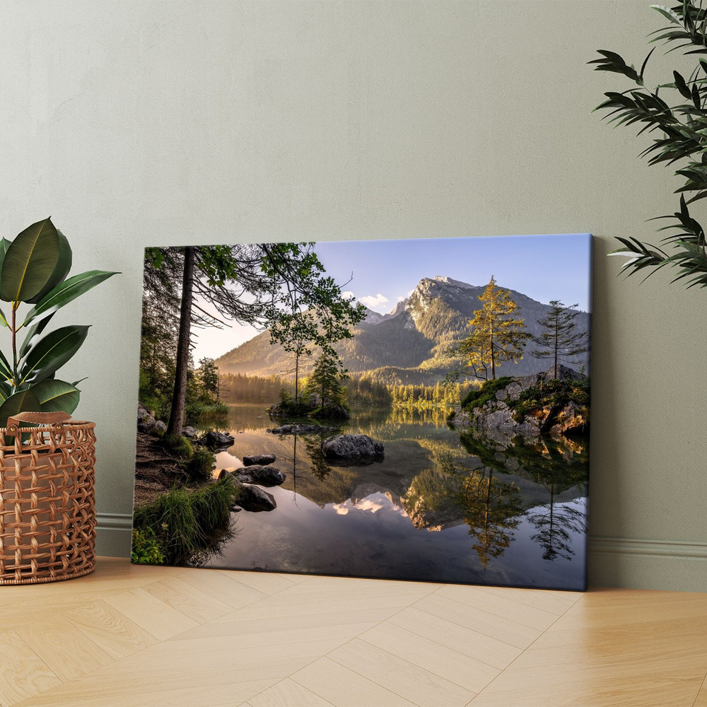 Картина на холсте (Горы озеро, природа, лес, пейзаж) 50x70 см. Интерьерная, на стену.  #1