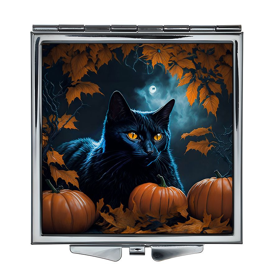Складное зеркало квадратное Чёрный кот хэллоуин #1
