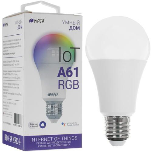 Умная светодиодная лампа Hiper IoT A61 RGB Wi-Fi, E27, 12 Вт, 1020 лм, 2700 K, 6500 K, 220-250 В / 50-60 #1