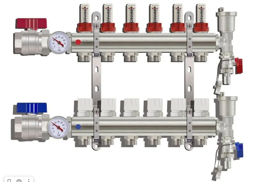 Коллекторная группа Tim (KA006) 1" ВР-ВР, 6 отводов 3/4", расходомер, воздухоотводчик, сливной кран, #1