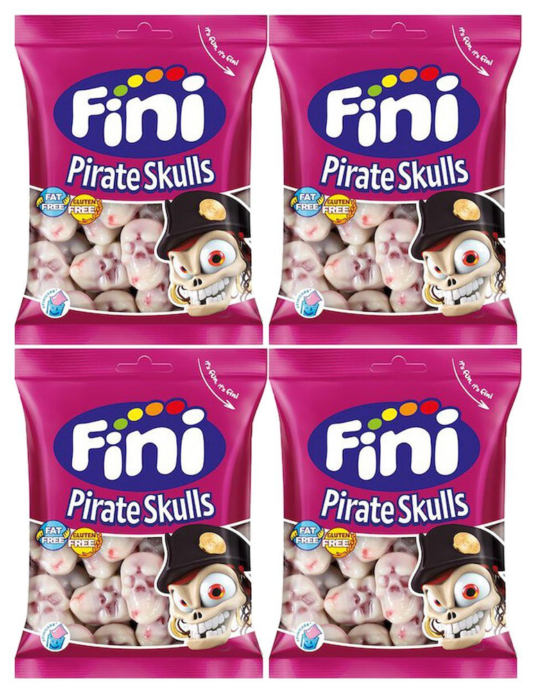 Жевательный мармелад Fini Pirate Skulls с начинкой, 90г x 4шт. Фини Череп с клубничной начинкой  #1