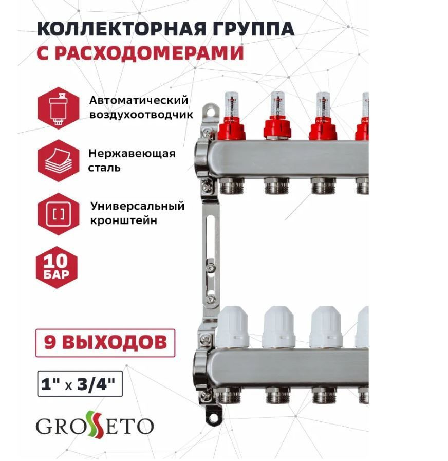 Коллекторная группа с расходомерами Grosseto 1"x3/4", 9 выходов, нержавеющая сталь, 10 бар, универсальный #1