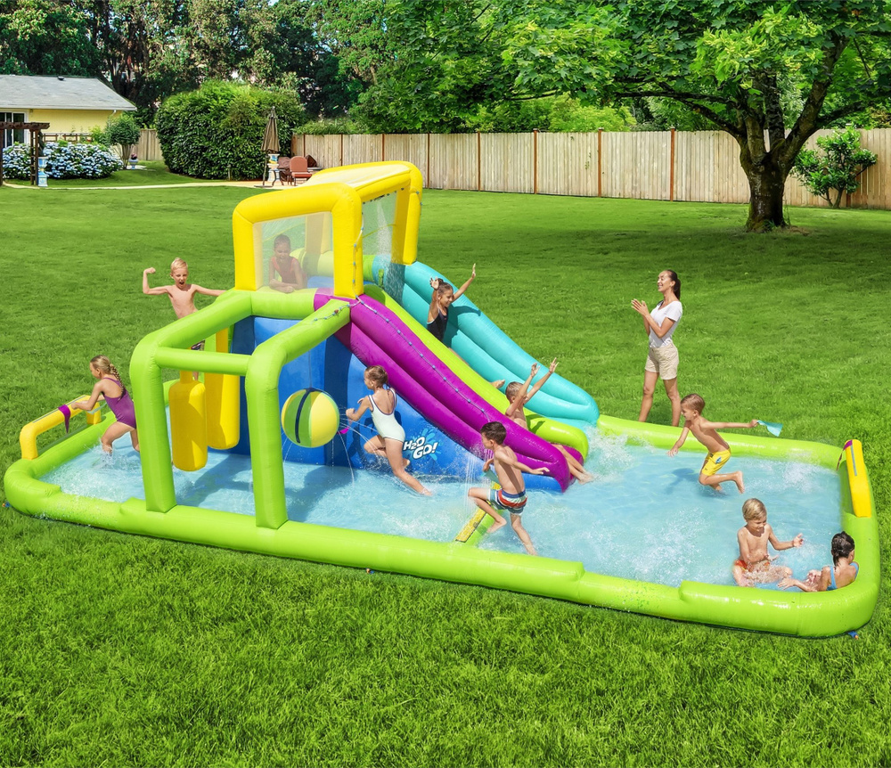 Мега аквапарк Bestway Splash Course 710х310х265 см: бассейн, двойная горка, 10 колышек, насос, сумка #1