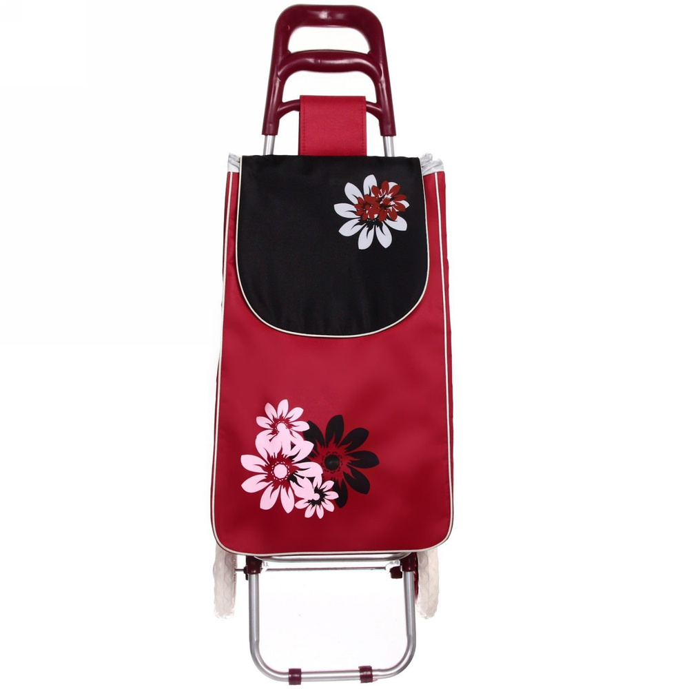 Тележка хозяйственная с сумкой (95*33*30см, колеса 16см, до 30 кг.) цветы бордовая  #1