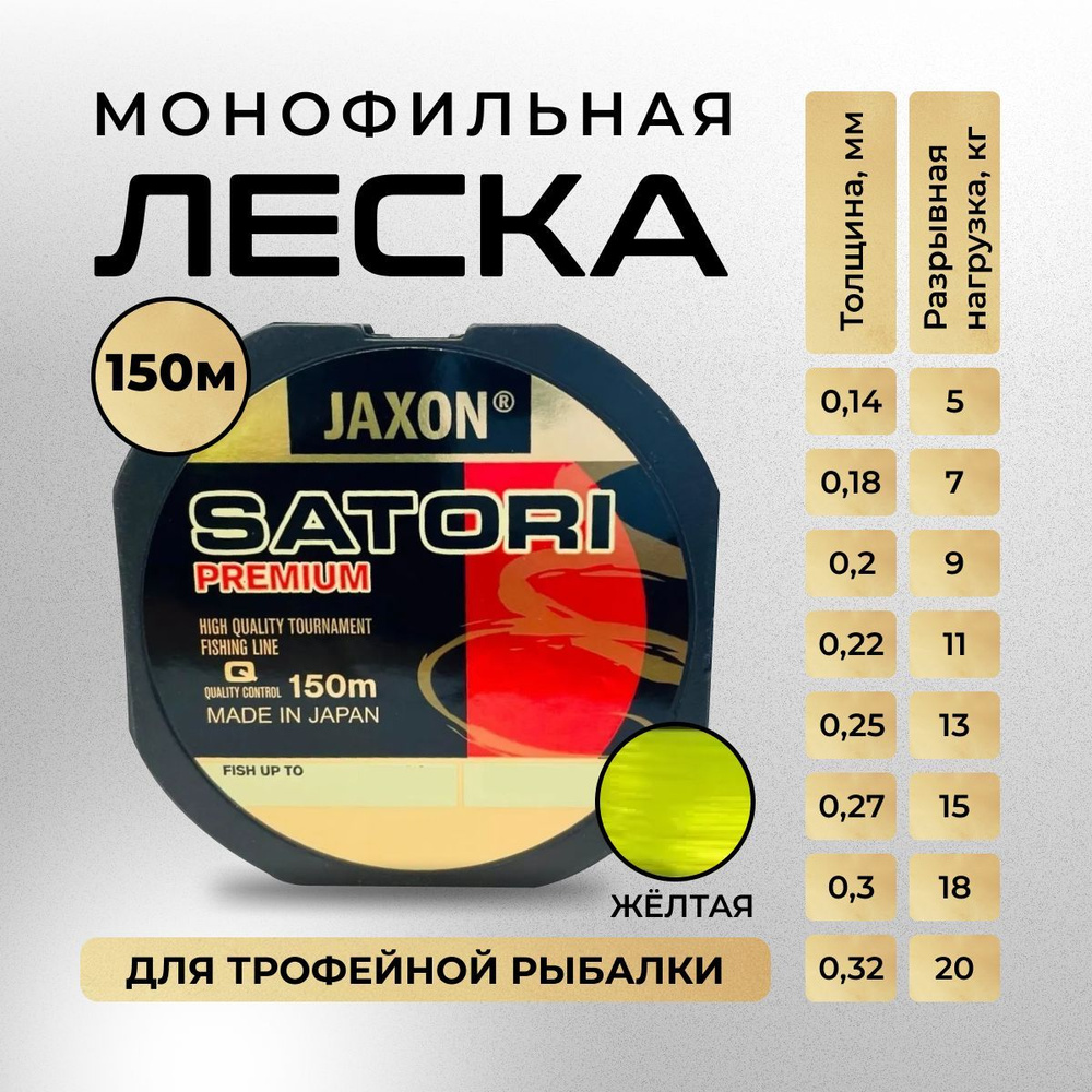 Леска рыболовная монофильная Jaxon Satori Fluo 0.30 мм 150 метров флуоресцентно желтая  #1