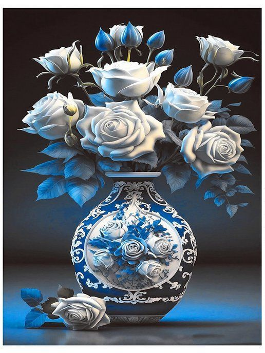 Алмазная мозаика на подрамнике полная выкладка "Розы.Гжель" 50х40 см/Вышивка/ Картина стразами  #1
