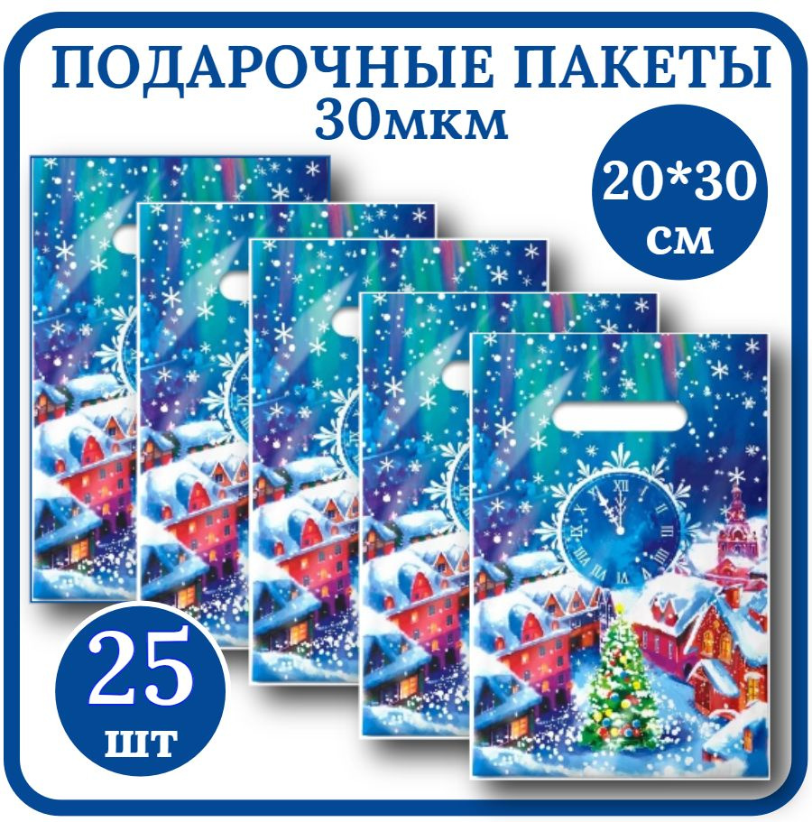 Пакет подарочный Новогодний, маленький 20*30см Набор 25шт 30Мкм Волшебная ночь с вырубной ручкой.  #1