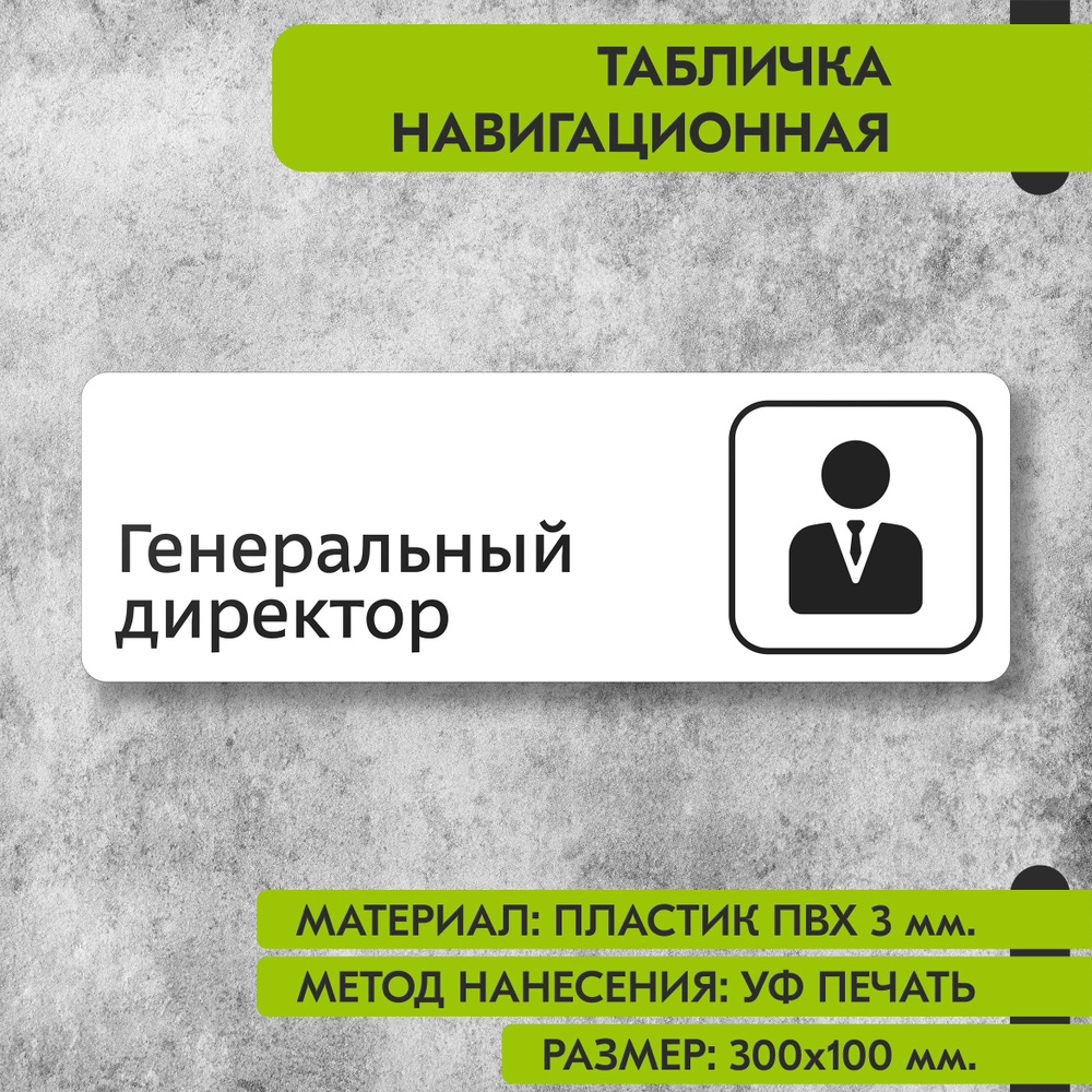 Табличка навигационная "Генеральный директор" белая, 300х100 мм., для офиса, кафе, магазина, салона красоты, #1