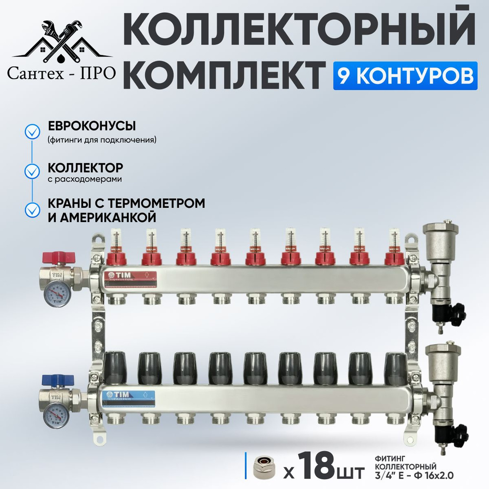 Коллектор для теплого пола на 9 контуров с расходомерами, кранами с термометрами и евроконусами до 110 #1