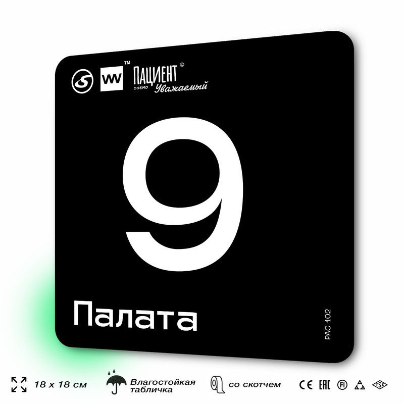 Табличка информационная "Палата №9" для медучреждения, 18х18 см, пластиковая, SilverPlane x Айдентика #1