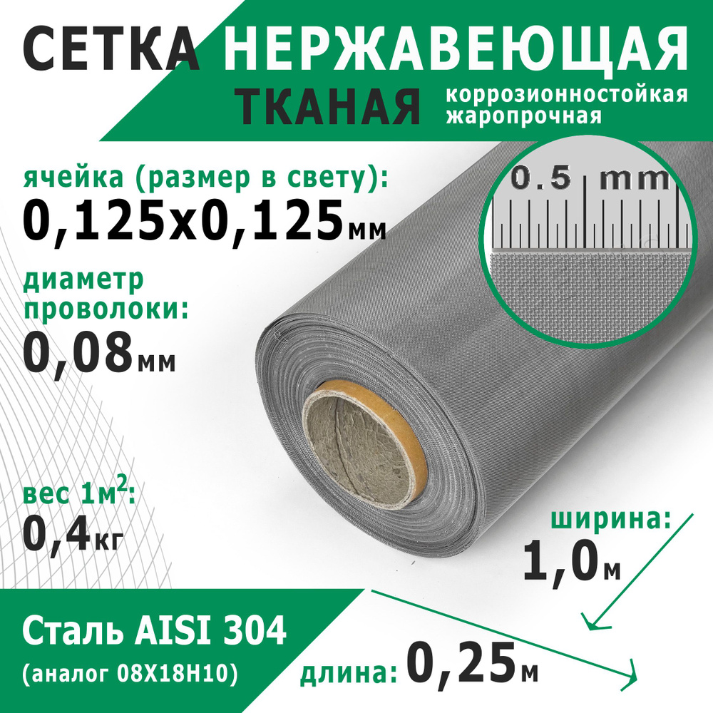 Сетка нержавеющая 0,125х0,125х0,08 мм. Сталь пищевая AISI 304 (08Х18Н10). Размер 0,25х1 метр.  #1