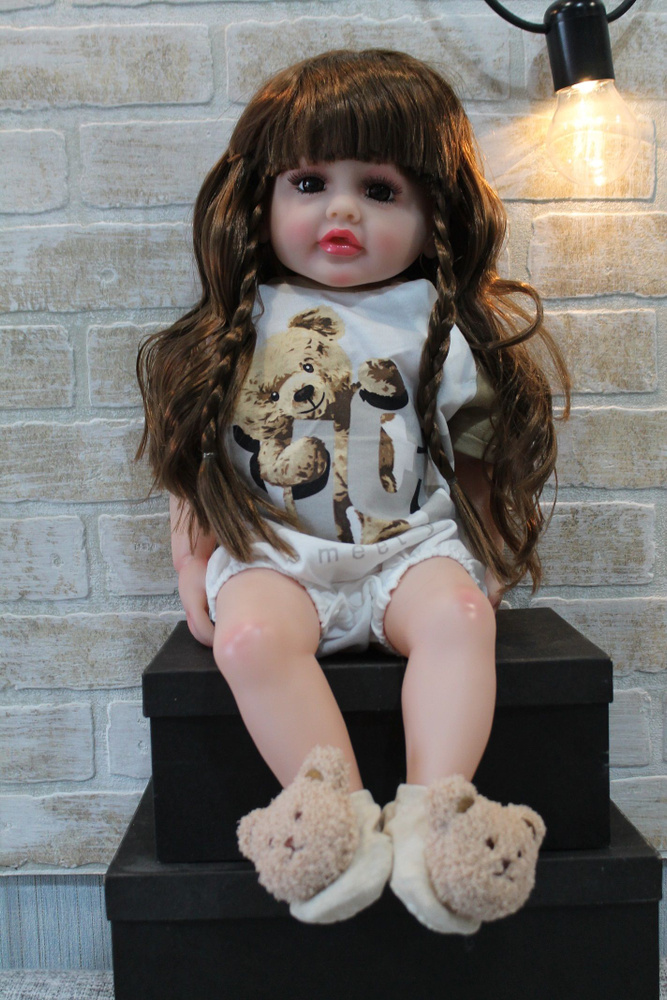 Кукла реборн Хитрюля в бежевом 55 см / Куколка пупс для девочек беби борн  #1