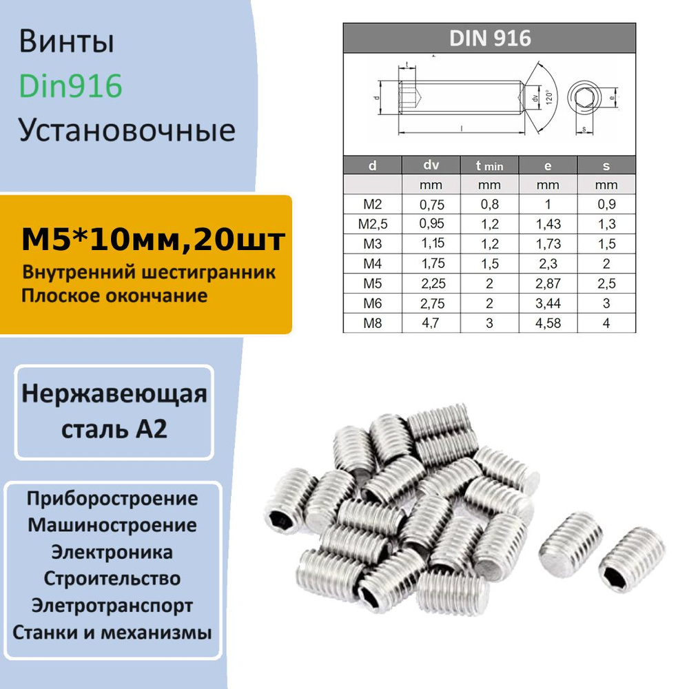 Винт установочный из нержавеющей стали м5*10мм 20шт DIN916 #1