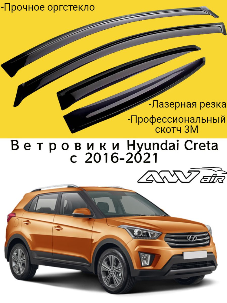 Ветровики, Дефлекторы окон Hyundai Creta с 2016-2021 г./ Ветровик стекол / Накладка на двери Хендай Крета #1