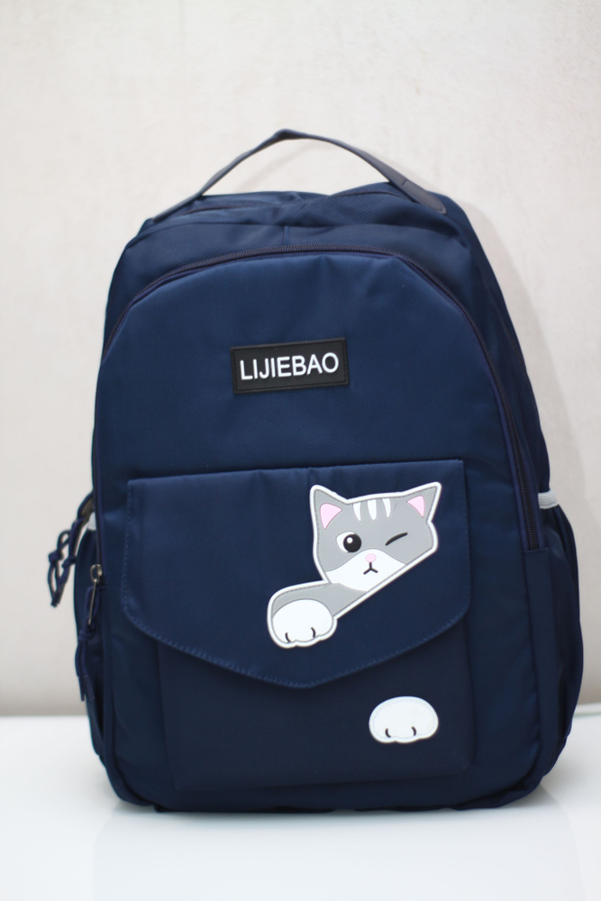 Рюкзак школьный, с котом, портфель школьный, ранец синий  #1