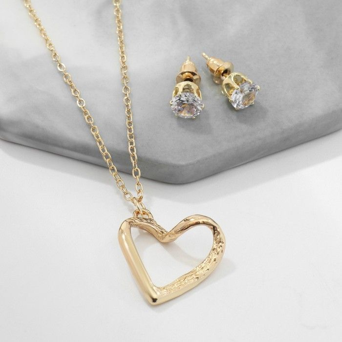 Гарнитур 2 предмета: серьги, кулон Сердце изогнутое, цвет белый в золоте, 40 см  #1