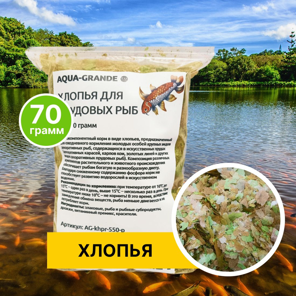 Корм сухой - Корм для прудовых рыб AQUA-GRANDE, хлопья для прудовых рыб, 70г., пакет  #1