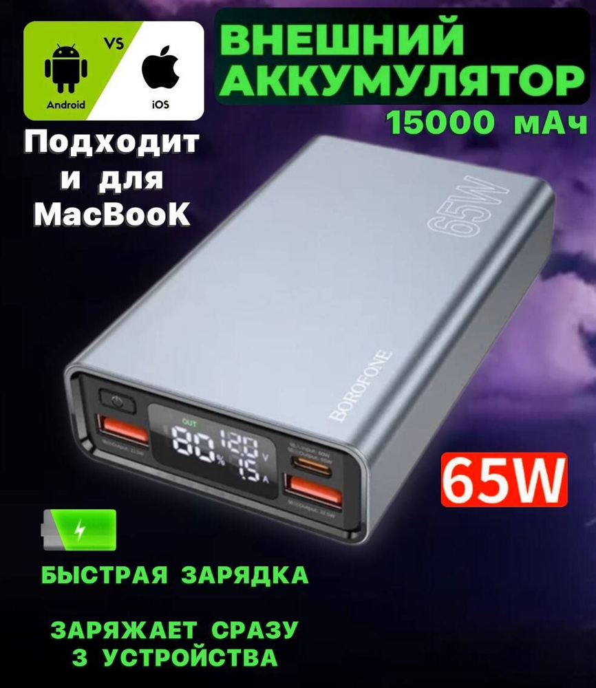 Внешний аккумулятор Borofone BJ40 PD65W, 15000 мАч, серый металлик #1