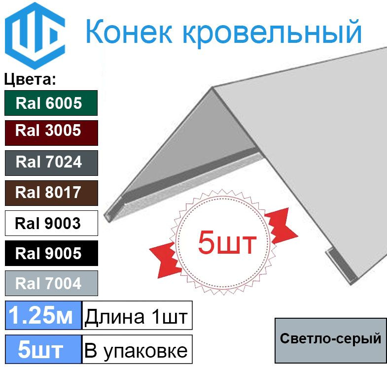 Конек кровельный Ral 7004 светло-серый (5шт) 1.25м (150х150) #1