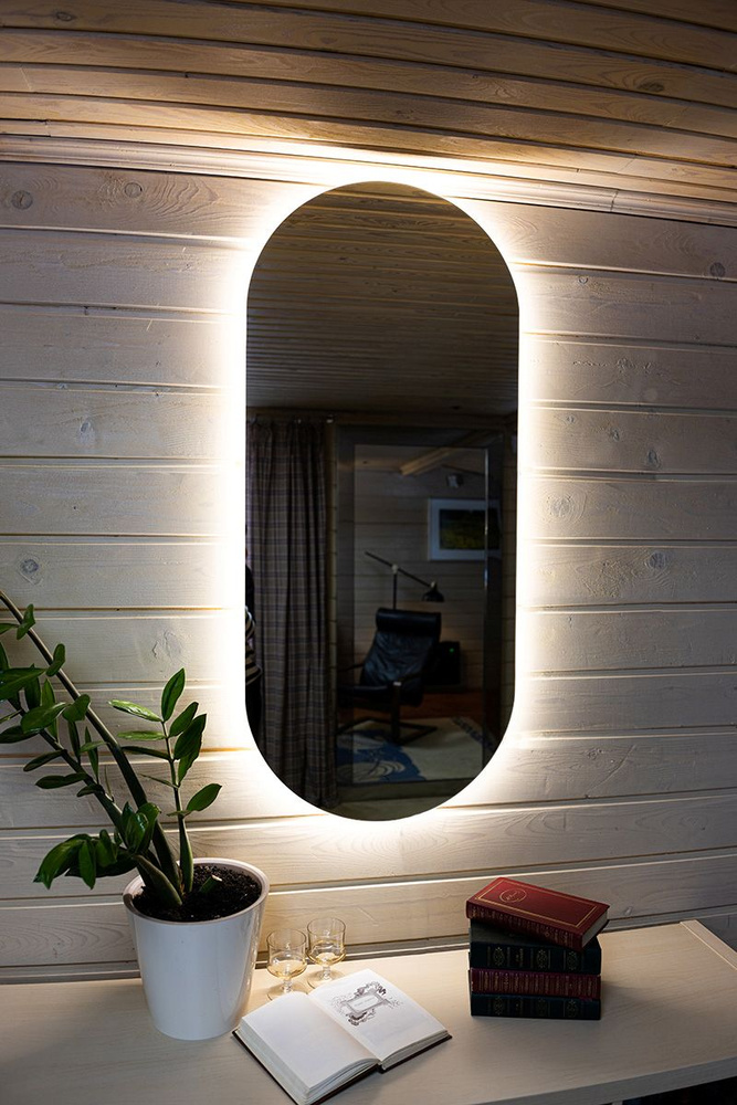 Зеркало 40х100 см на батарейках с LED подсветкой настенное, овальное, интерьерное в стиле лофт, для ванной, #1