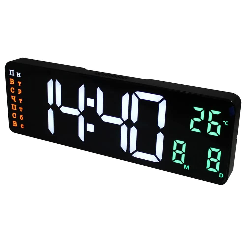 Настенные часы с календарём, 2 будильника, термометр и пульт ДУ, Космос X6629, белые цифры  #1