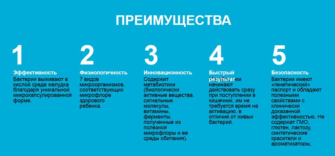  Принцип действия препарата  Бифидобактерии (bifidum, infantis, longum, breve) и лактобактерии (casei, rhamnosus, acidophilus) являются характерными представителями микрофлоры кишечника здорового ребенка.  Заселяя кишечник, они производят биологически активные вещества, необходимые для роста и развития детского организма.  Лактулоза усиливает рост полезных бактерий, таких как бифидобактерии и лактобактерии, доходя в неизменённом виде до толстого кишечника, используется бактериями в качестве пищи. Продукты бактериального метаболизма лактулозы сдвигают pН среды в толстой кишке в кислую сторону, угнетая тем самым рост и размножение патогенных микроорганизмов. 