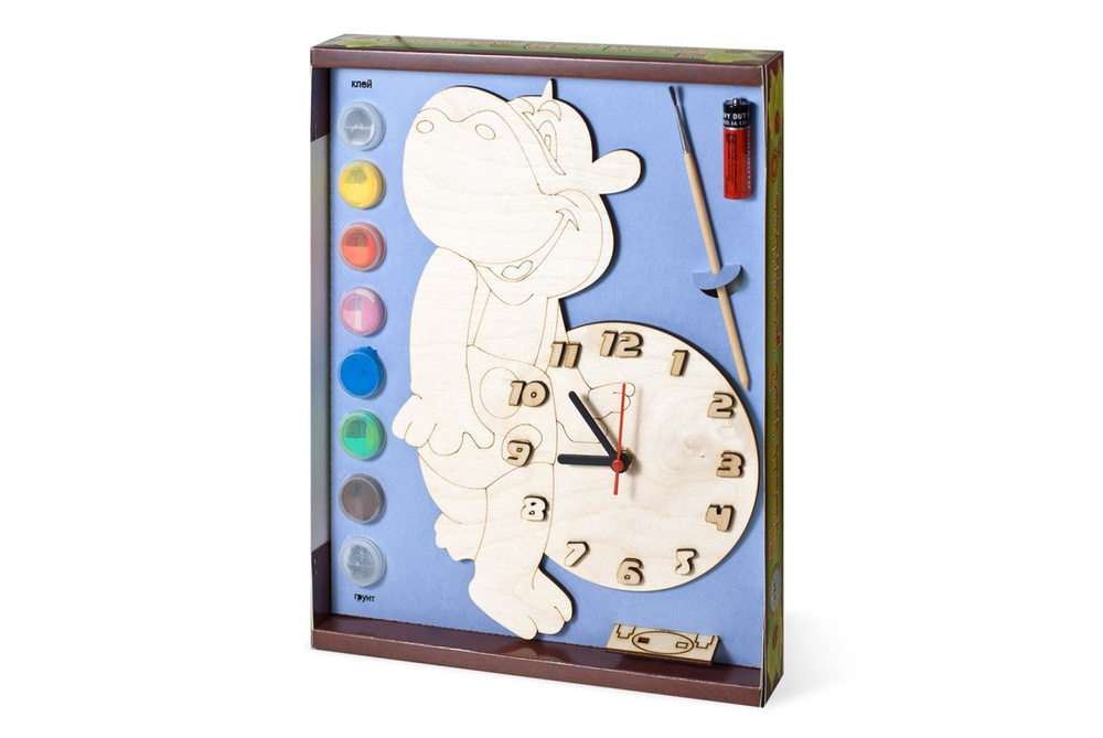 Детские развивающие игрушки/ Часы с циферблатом под роспись "Бегемот" с красками  #1