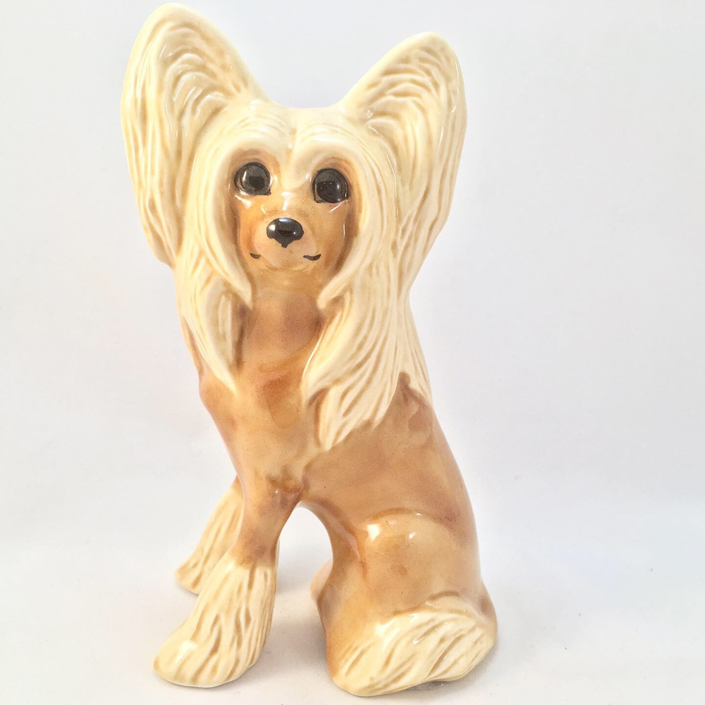 Статуэтка собаки китайской хохлатой бежевой, фарфор, подарок, сувенир, фигурка  #1