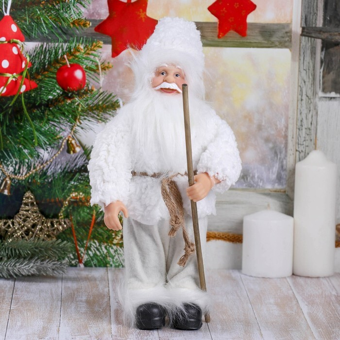 Дед Мороз "В белой шубке, с посохом" 28 см #1