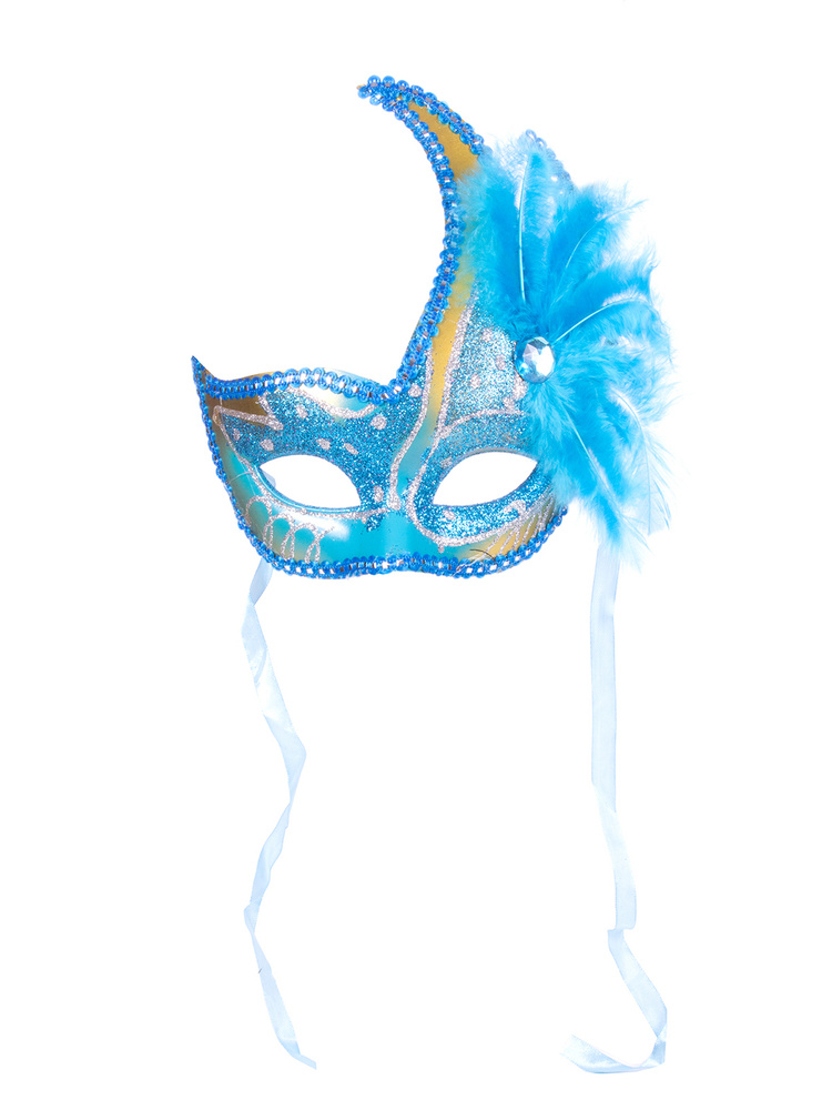 Карнавальная венецианская маска с пером синий+золото #1