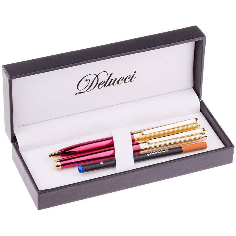Набор ручек Delucci "Rosso": ручка шариковая, 1 мм и ручка-роллер, 0,6 мм, синие, корпус вишня/золото, #1