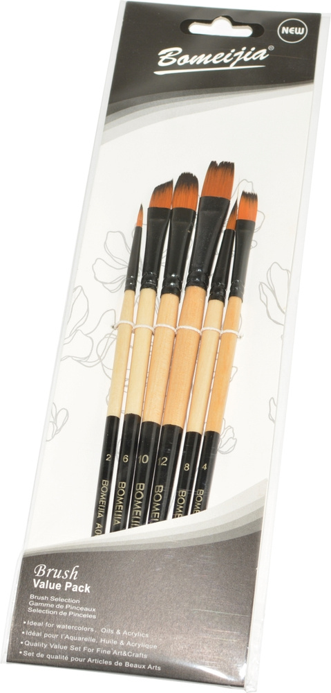 Набор кистей ворс синтетика 6 штук (плоские №4, 6, 10, 12 и круглые №2, 8 ) двухцветная деревянная ручка #1