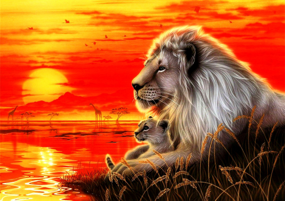 Картина по номерам на холсте 40х50 40 x 50 на подрамнике "Лев и львёнок на закате дня" DVEKARTINKI  #1