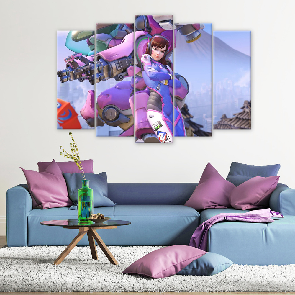 Большая модульная картина на холсте - D.Va and robot Overwatch - Дива и робот Овервотч 125х85  #1