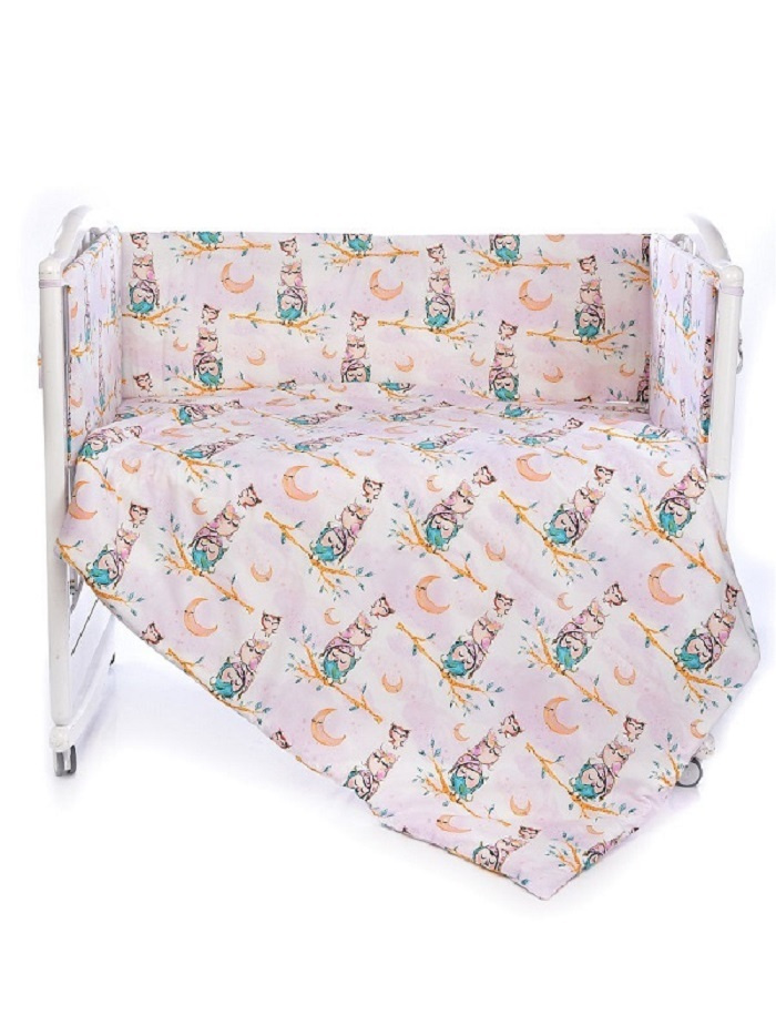 Бортик для детской кроватки Patrino/МамаШила "Сказочный лес" (розовый/принт совушки на луне)  #1