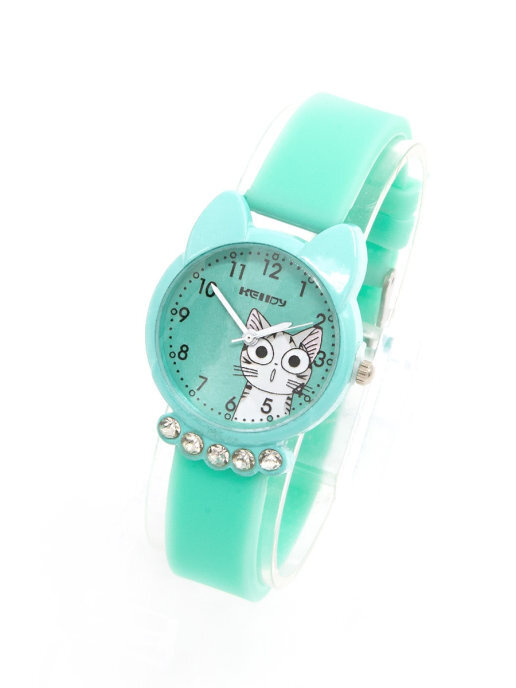 Часы для девочек наручные кварцевые Кот силиконовый браслет зеленые  #1